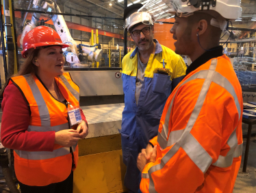 Jane talking to apprentices at Tata Steel in Wednesfield